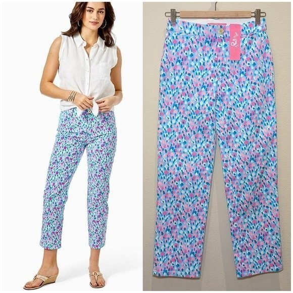 Lilly Pulitzer Divia Blue Pink Dottie Stretch Ankle Pant - Picture 2 of 14